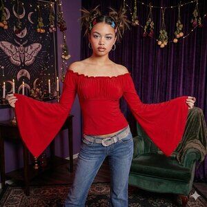 Vtg Y2k Dracolite Off Shoulder Red Bell Sleeve Milk Maid Whimsygoth Top Shirt M